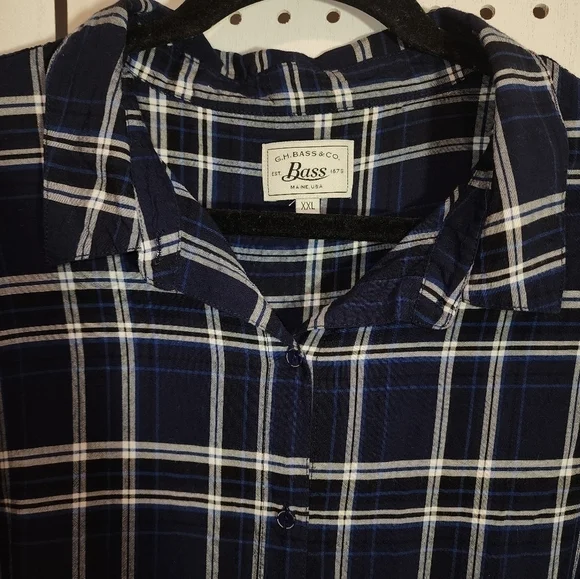 G.H. Bass XXL Navy Blue Plaid Button up Long Sleeve High Low - Picture 7 of 8